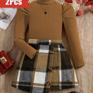 Ensemble 2 Pièces Fille – Pull Col Roulé & Jupe à Carreaux