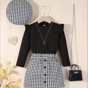 Ensemble Fille 3 Pièces – Haut Noir à Volants + Jupe Pied-de-Poule + Béret Assorti